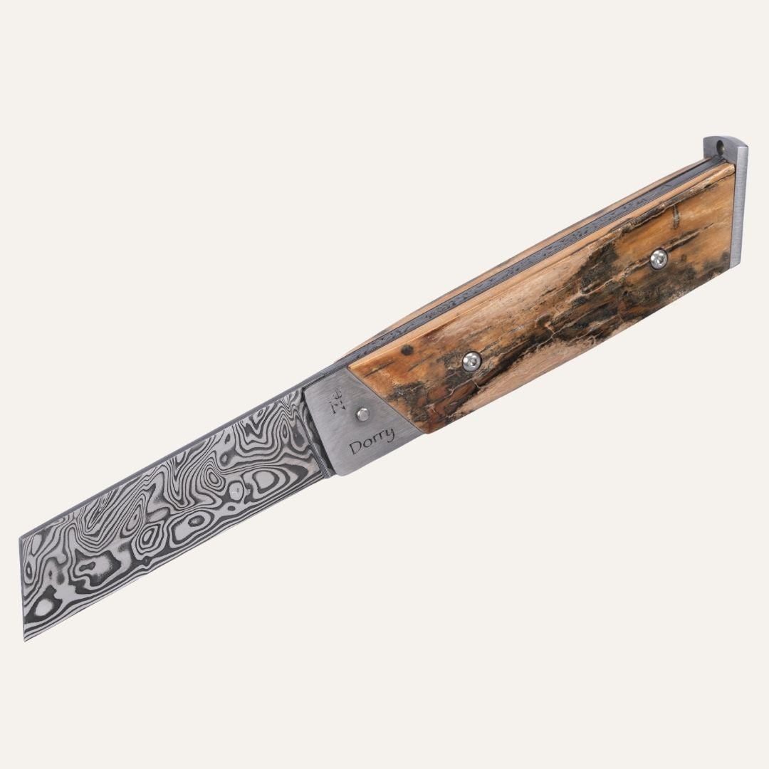 Couteau Dorry custom — Manche ivoire de mammouth — Lame Damas