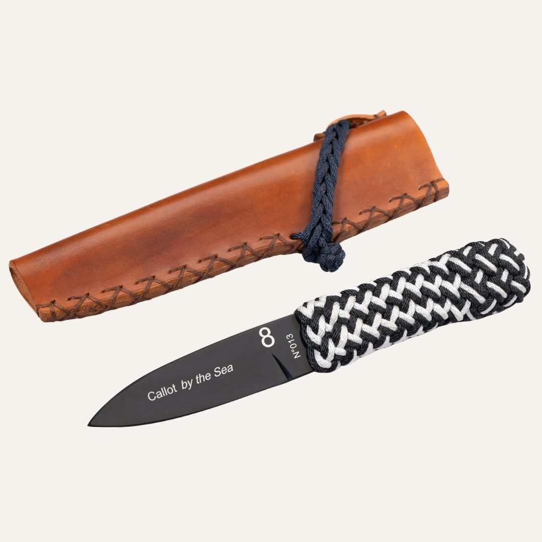Couteau Callot - Manche ligne à thon bicolore noir blanc tressée et lame acier inox 14C28 traitée pvd