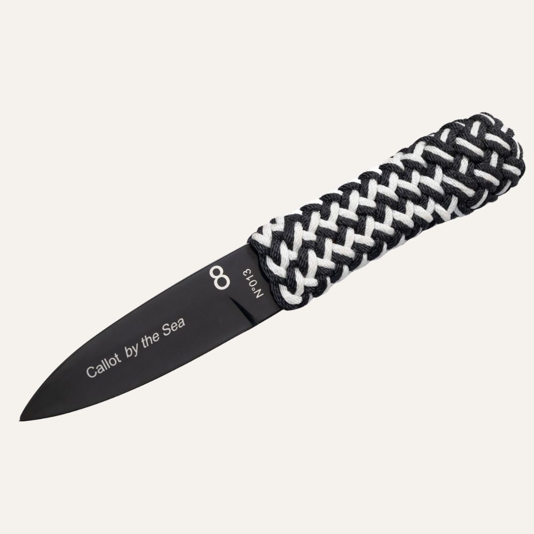 Callot knife - Two-tone black and white braided tuna line handle and 14C28 stainless steel blade with PVD treatment
