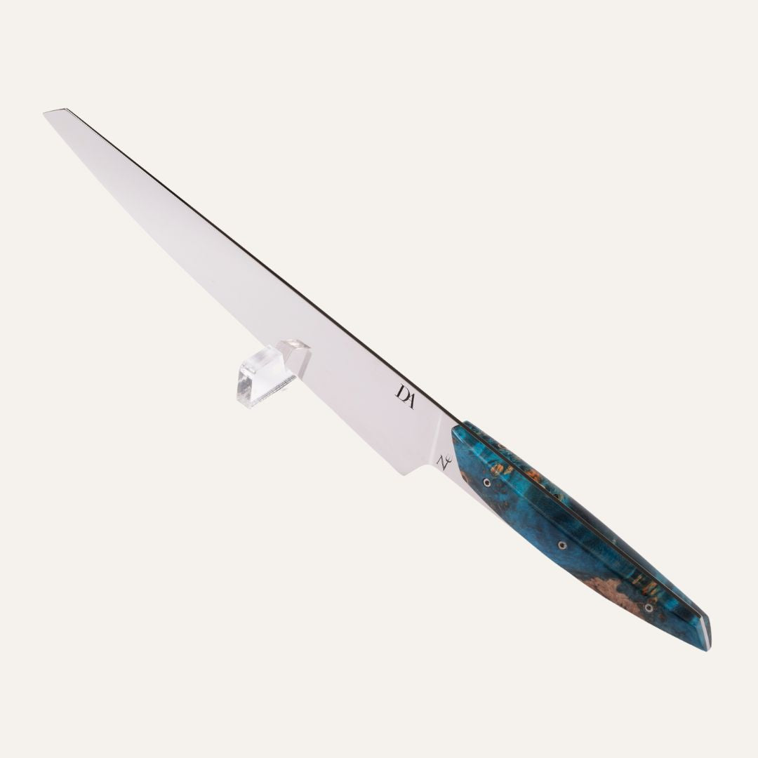 Couteau Sujihiki chef - manche érable stabilisé bleu - lame 14C28 miroir