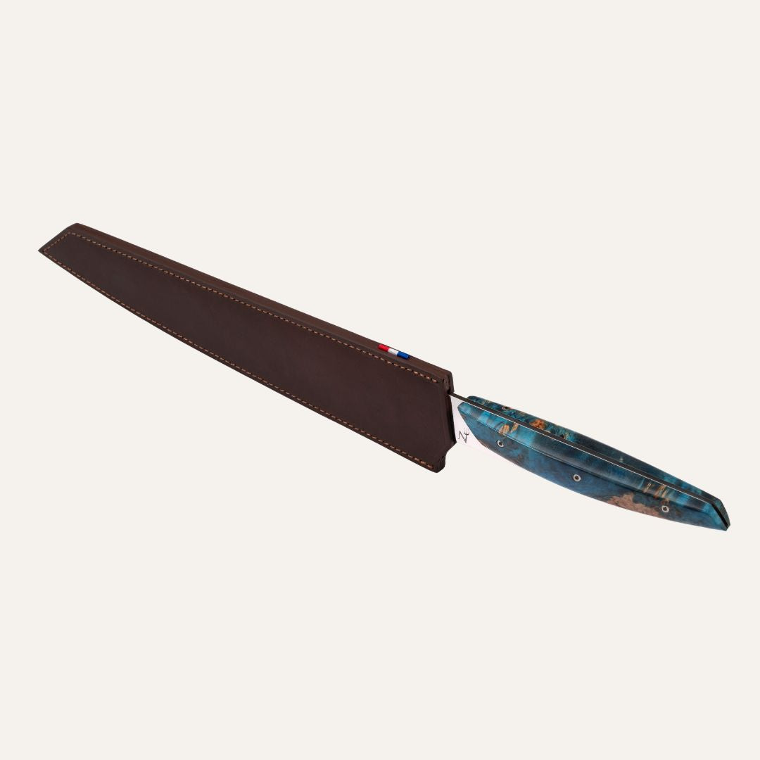Couteau Sujihiki chef - manche érable stabilisé bleu - lame 14C28 miroir