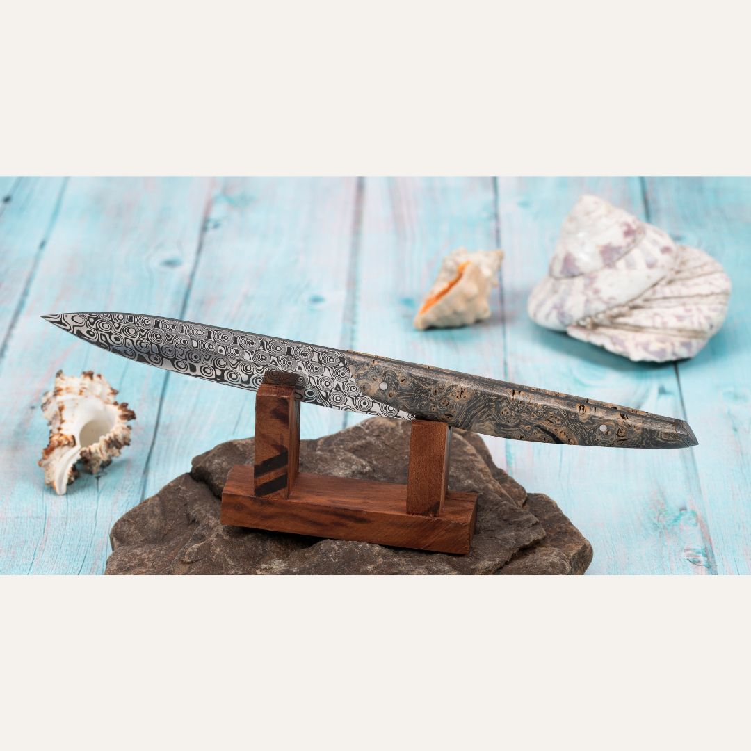 Carène custom lame damas inox et manche loupe d'érable negundo stabilisée teintée