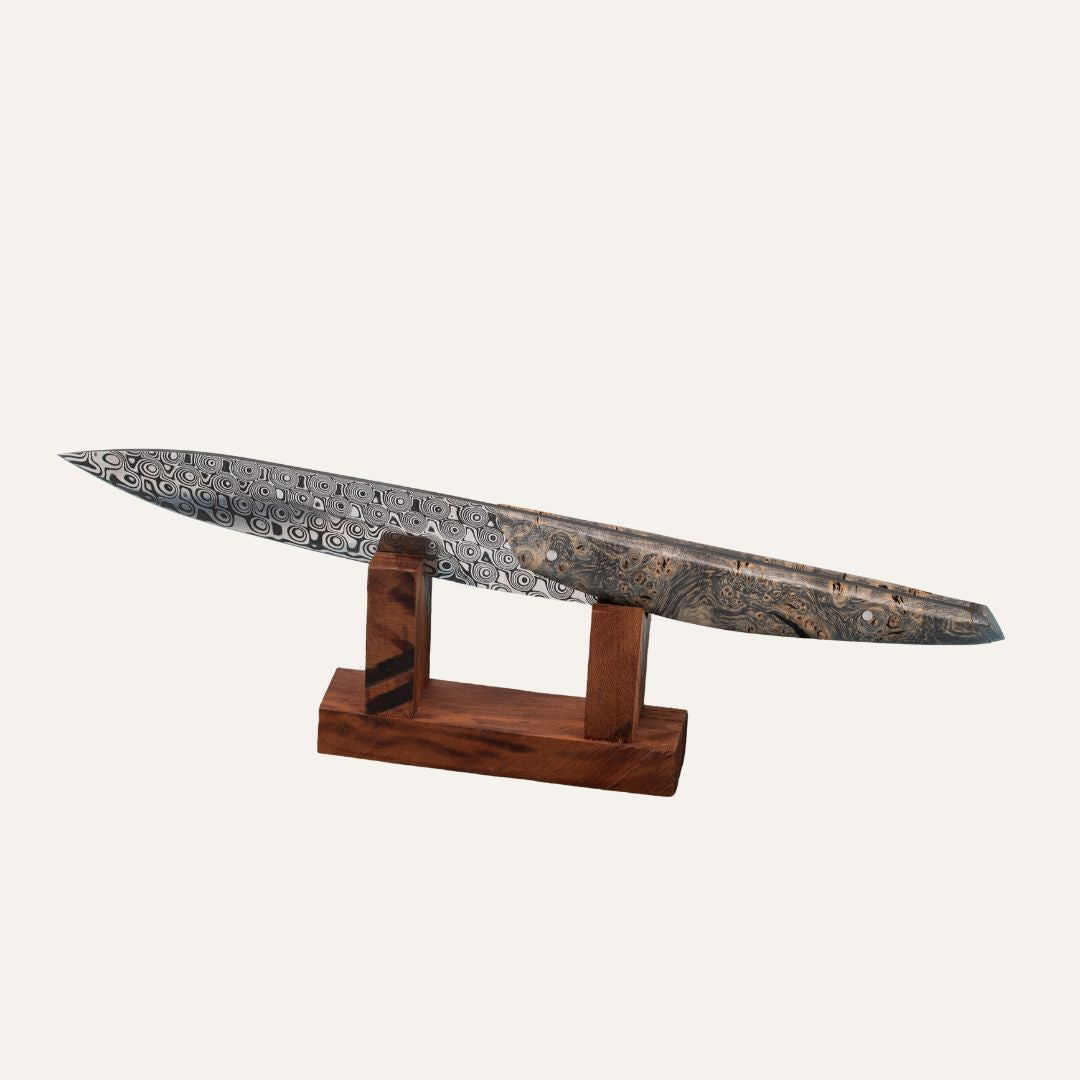 Carène custom lame damas inox et manche loupe d'érable negundo stabilisée teintée