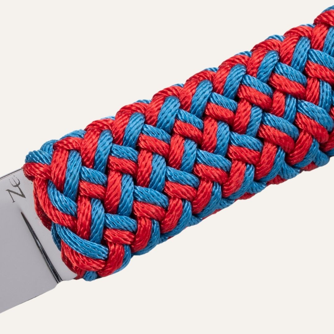 Couteau Pen Skoulmig - Manche ligne à thon tressée bleu/rouge et lame acier inox 14C28