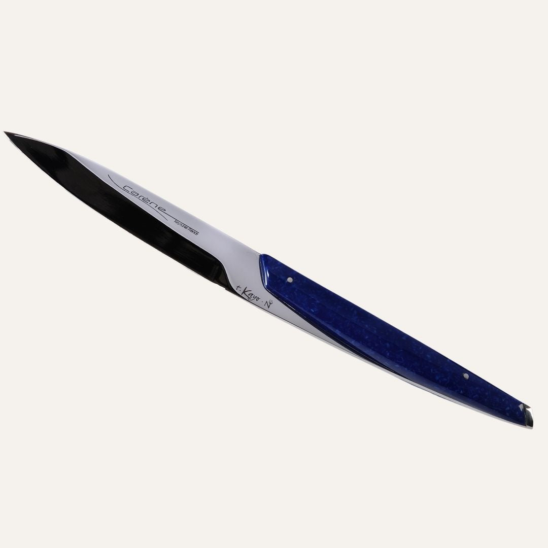 Couteau Carène - Manche nacrine bleue - Lame acier 14C28 - Finition poli miroir
