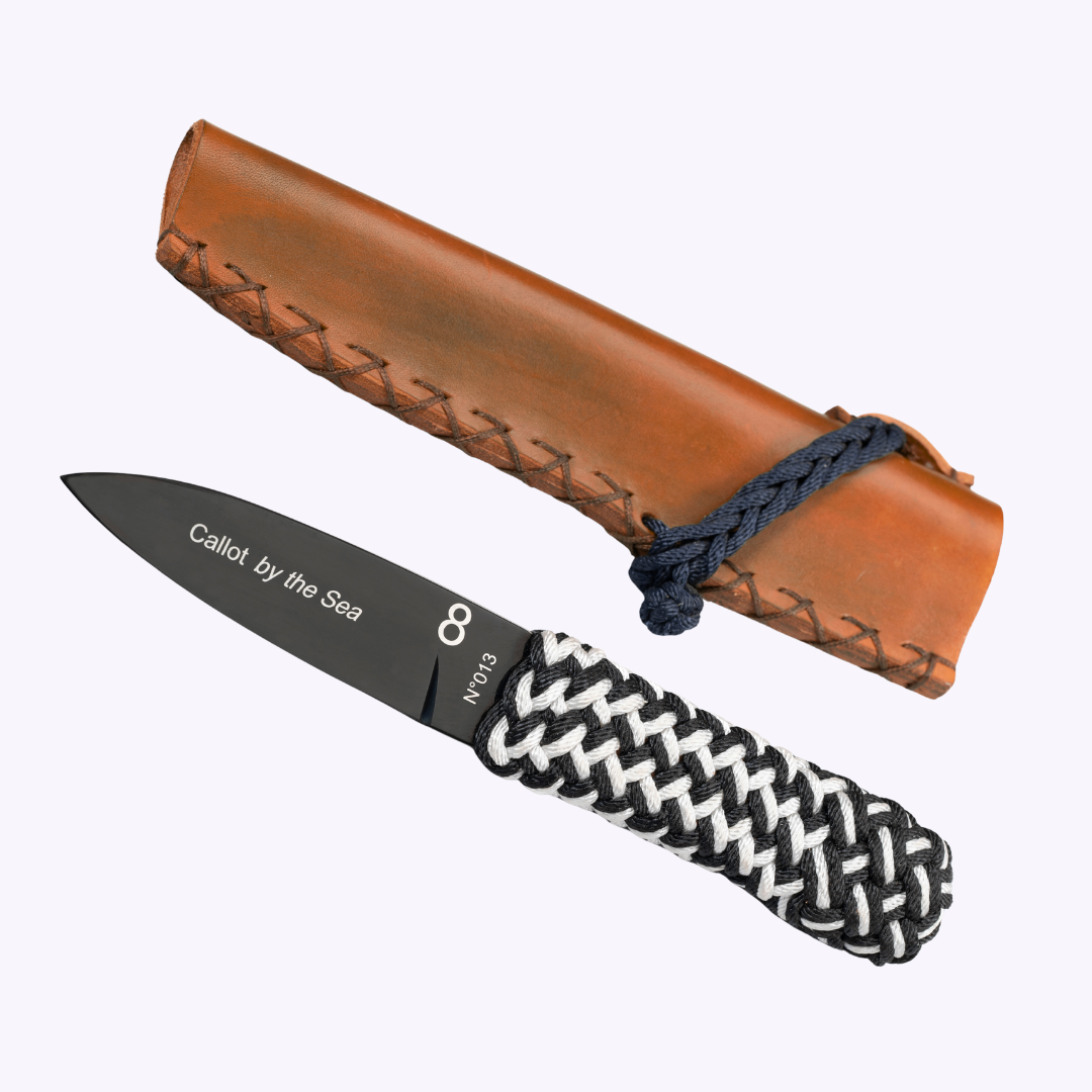 Couteau Callot - Manche ligne à thon bicolore noir blanc tressée et lame acier inox 14C28 traitée pvd