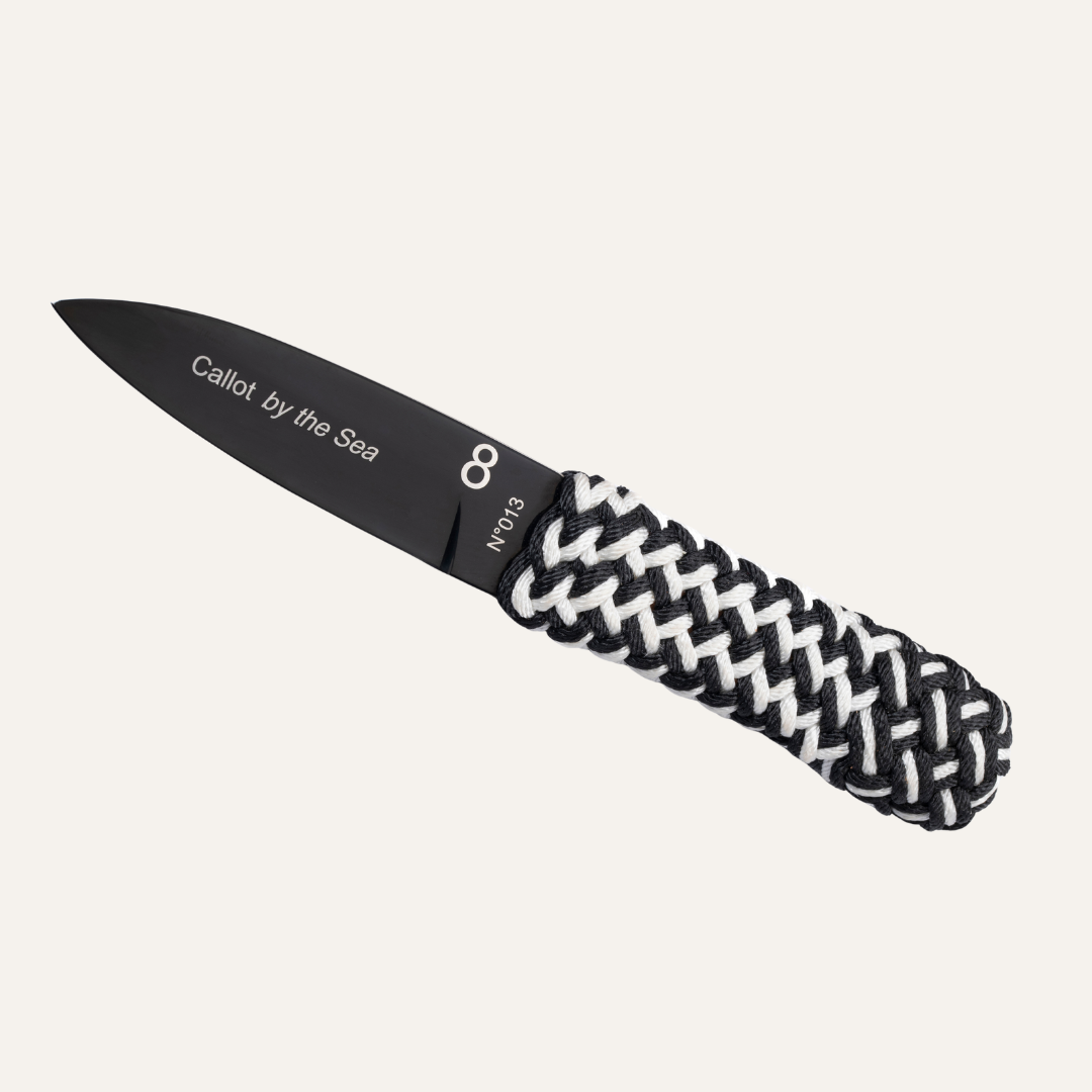 Couteau Callot - Manche ligne à thon bicolore noir blanc tressée et lame acier inox 14C28 traitée pvd