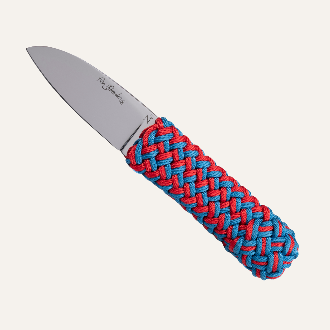 Couteau Pen Skoulmig - Manche ligne à thon tressée bleu/rouge et lame acier inox 14C28