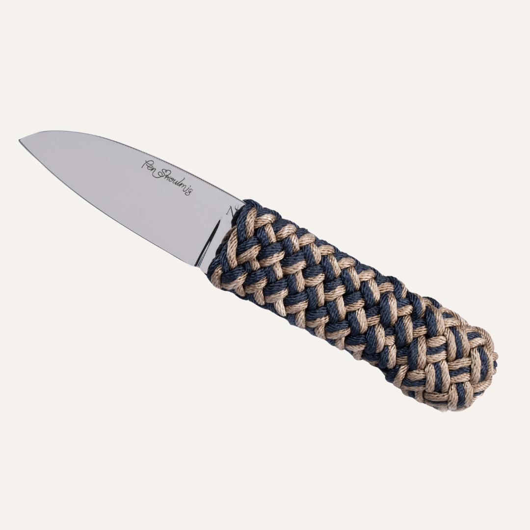 Couteau Pen Skoulmig - Manche ligne à thon tressée bleu/brun et lame acier inox 14C28