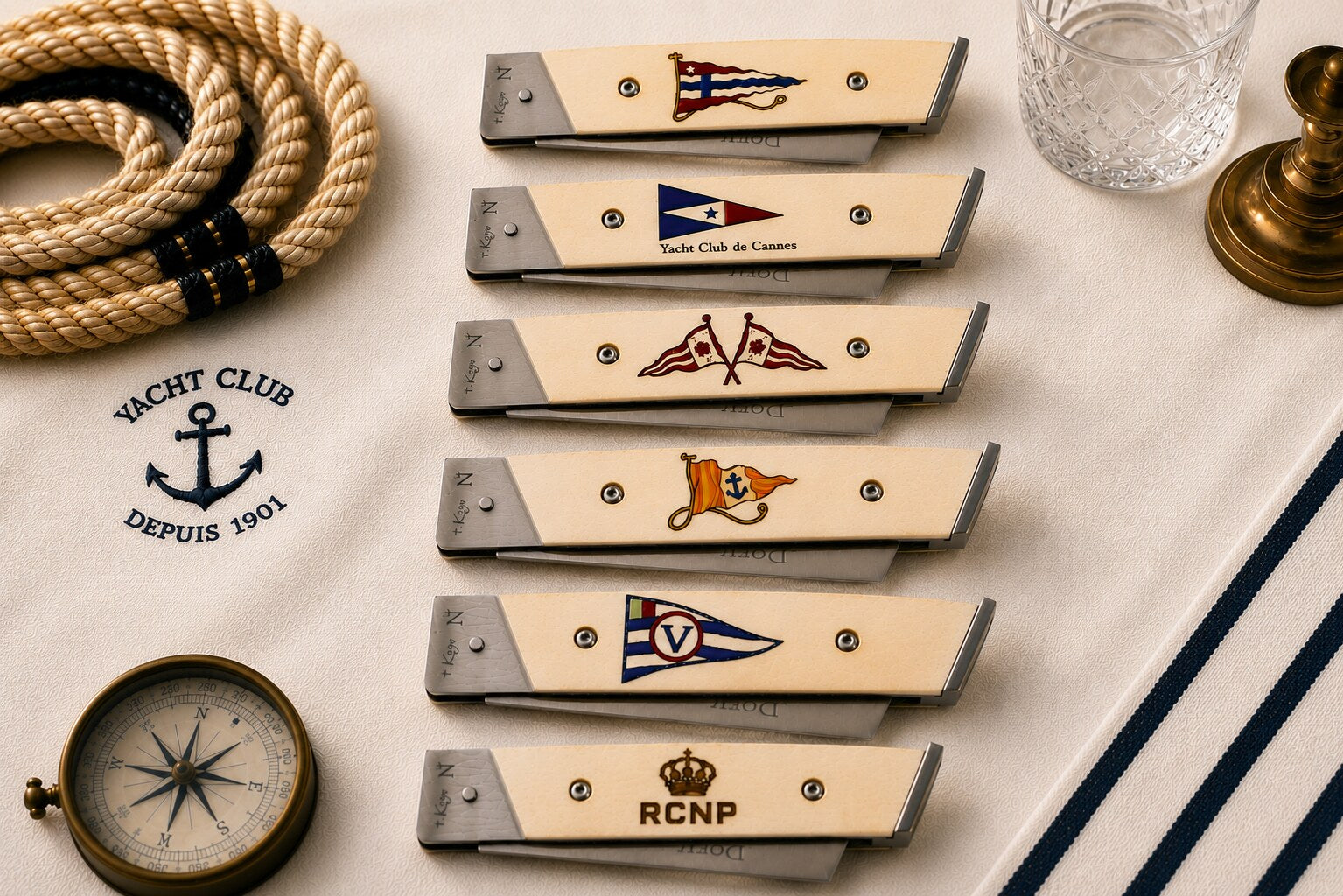 Six Dorry marqueterie — pavillons de clubs nautiques — Neptunia