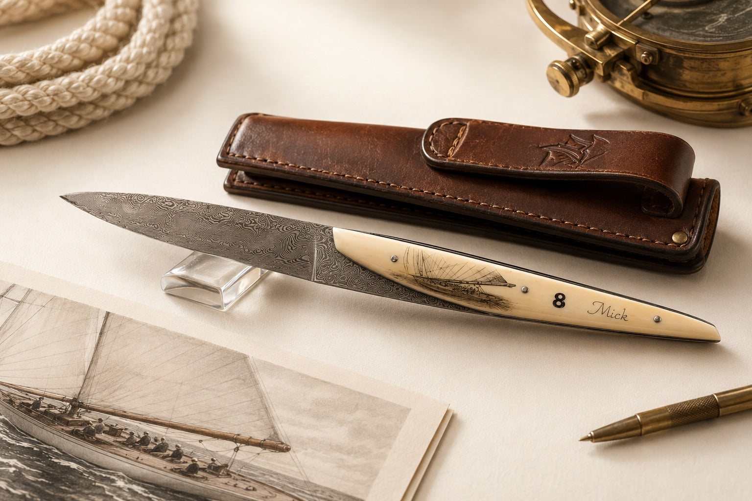 Carène lame damas, scrimshaw sur ivoire fossile de mammouth — Neptunia