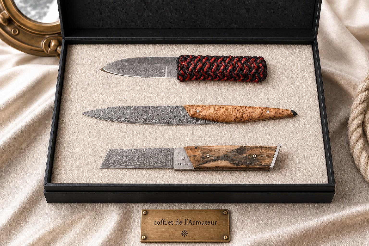Coffret de l'Armateur — poignard, couteau de table, modèle de poche — Neptunia