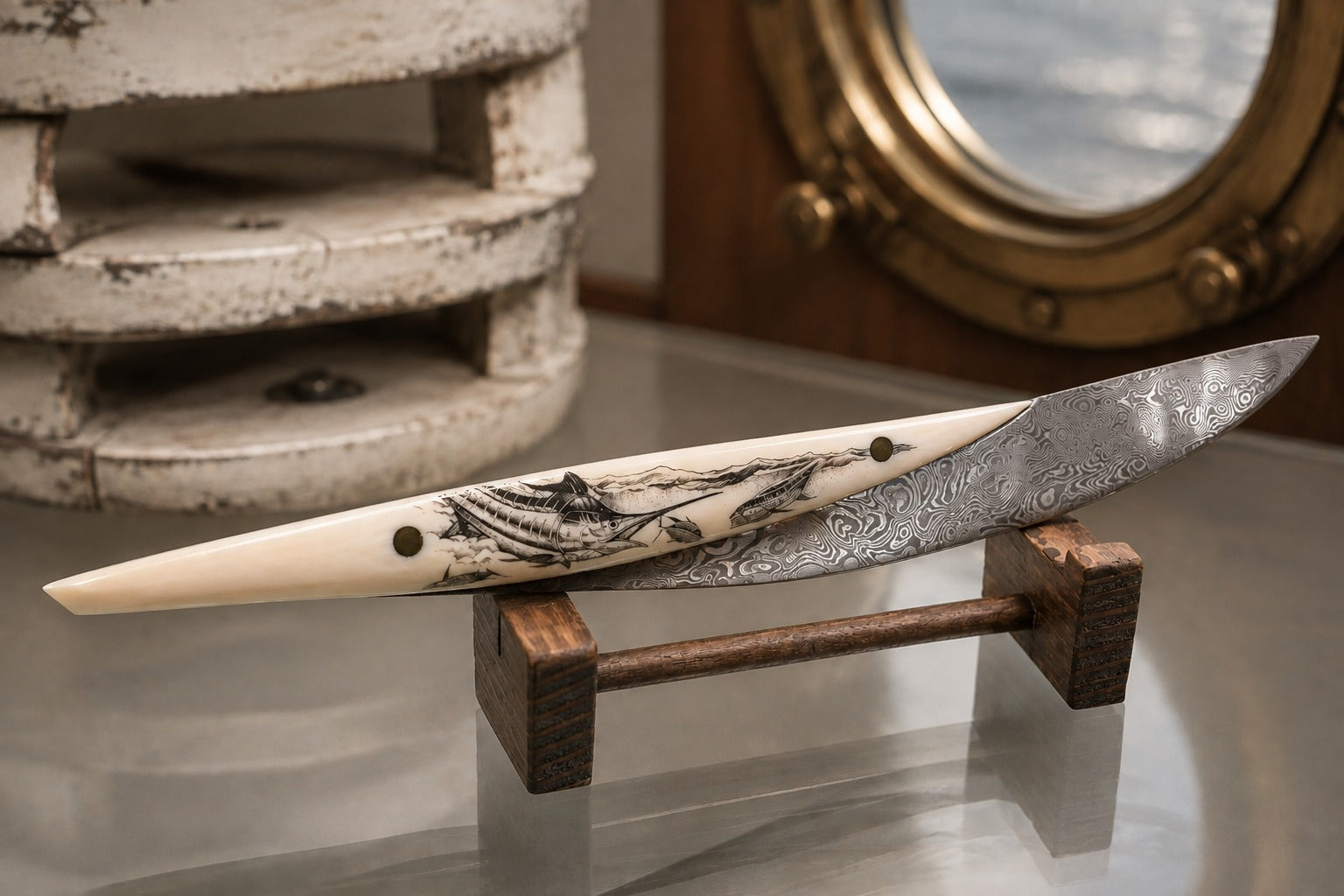 Dragon custom, lame damas et scrimshaw scène de chasse aux thons — Neptunia
